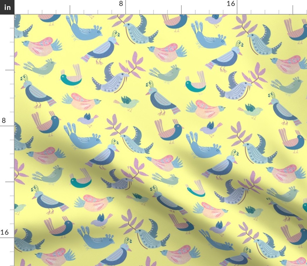 Cute folk birds on lemon, yellow, kids, home decor, cute fabric 4x4" wallpaper 12x12"