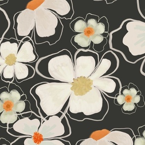 Daisies in Abstract Gouache Colorful Retro Charcoal Black_Large