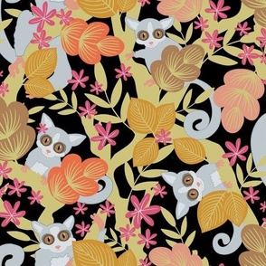Galago Bush Babies African Jungle and Wildflower Paradise Pattern On Black