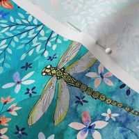 Dragonfly meadow, colorful watercolor design of colorful