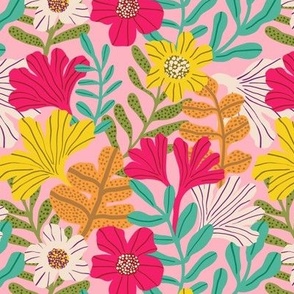 Tropical Multicolored Floral Burst on Pink Background
 - Small scale