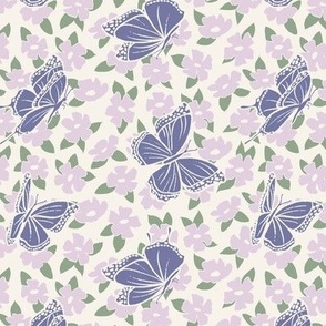 Butterfly garden Lavender Purple Floral with sage green leaves on a cream background 6in 