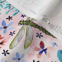 Dragonfly meadow watercolor on blush pink