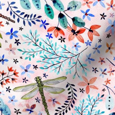 Dragonfly meadow watercolor on blush pink