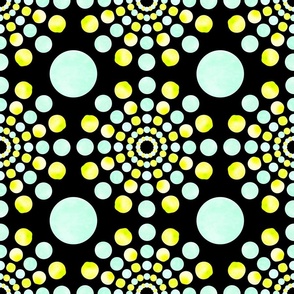 Watercolour blue and yellow dots, black background. Seamless floral pattern-266.