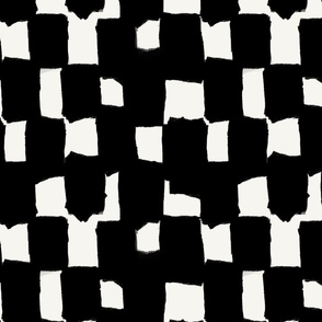 Abstract hand drawn brush stroke checkerboard - messy paint brush checks - bold and graphic artistic ink shapes - Black on cream white - medium