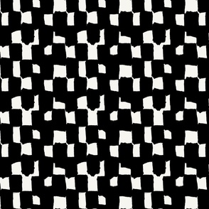 Abstract hand drawn brush stroke checkerboard - messy paint brush checks - bold and graphic artistic ink shapes - Black on cream white - small