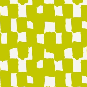 Abstract hand drawn brush stroke checkerboard - messy paint brush checks - bold and graphic artistic ink shapes - Cyber Lime Green  evening primrose on cream white - medium