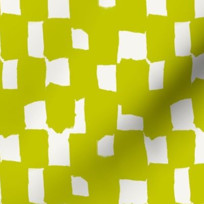 Abstract hand drawn brush stroke checkerboard - messy paint brush checks - bold and graphic artistic ink shapes - Cyber Lime Green  evening primrose on cream white - small