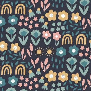 Medium abstract flowers in blue pink and yellow