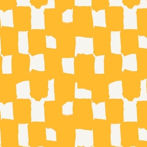 Abstract hand drawn brush stroke checkerboard - messy paint brush checks - bold and graphic artistic ink shapes - Golden banana yellow orange on cream white - medium