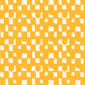 Abstract hand drawn brush stroke checkerboard - messy paint brush checks - bold and graphic artistic ink shapes - Golden banana yellow orange on cream white - small