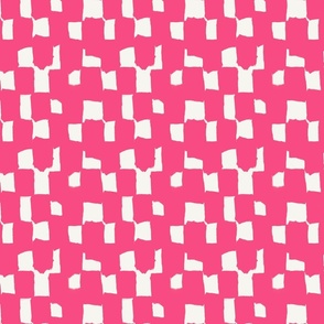 Abstract hand drawn brush stroke checkerboard - messy paint brush checks - bold and graphic artistic ink shapes - Hot pink cyclamen on cream white - small