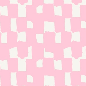 Abstract hand drawn brush stroke checkerboard - messy paint brush checks - bold and graphic artistic ink shapes - Light pink on cream white - medium