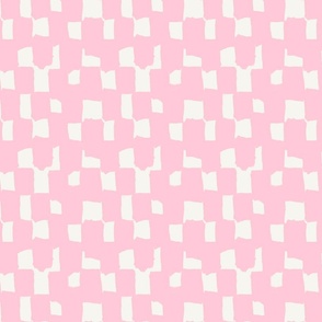 Abstract hand drawn brush stroke checkerboard - messy paint brush checks - bold and graphic artistic ink shapes - Light pink on cream white - small