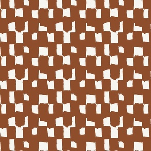 Abstract hand drawn brush stroke checkerboard - messy paint brush checks - bold and graphic artistic ink shapes - Nutshell brown Mocha Bisque on cream white - small