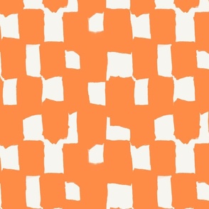 Abstract hand drawn brush stroke checkerboard - messy paint brush checks - bold and graphic artistic ink shapes - Tangerine orange on cream white - medium