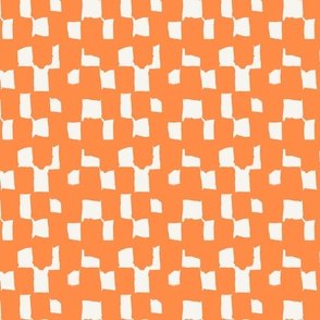 Abstract hand drawn brush stroke checkerboard - messy paint brush checks - bold and graphic artistic ink shapes - Tangerine orange on cream white - small