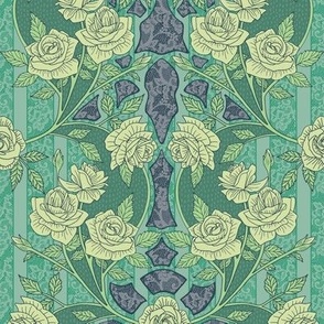 Small-Scale Teal/Green Art Nouveau Floral Roses & Lace