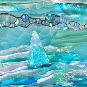 stained glass, abstract art, sea, waves, ship, aquamarine, crystal, blue, surrealism, turquoise