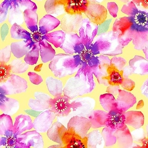 Dreamy Watercolor Anemones on Butter Yellow, medium