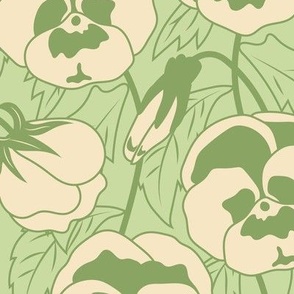 Large Retro Spring Pansy Flowers with Lime Green Background