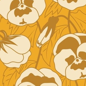 Large Retro Spring Pansy Flowers with Rich Yellow Background