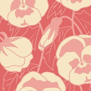 Large Retro Spring Pansy Flowers with Coral Pink Background