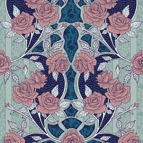 Small-Scale Elegant Mauve/Turquoise/Gray Lace and Roses