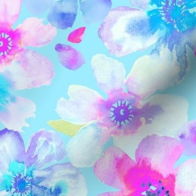 Dreamy Watercolor Anemones on Sky Blue