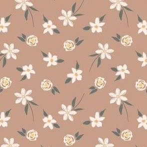 simply sweet ditsy floral daisies cream on brown, for kids clothing, hair bows, scrunchies and dog accessories