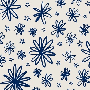 hand drawn navy blue flowers and petals with off white background