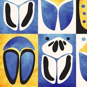 Medium Abstract Geometric Watercolour Beetles Tiles in Blue, Yellow, Black and Seashell White
