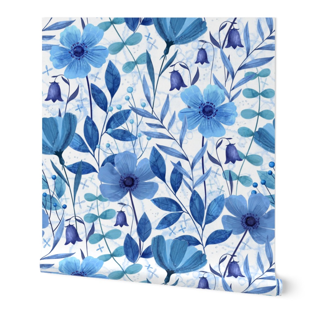 Blue Ultramarine  Watercolor Flowers, Leaves, Elegant Blue Bell flowers and berries,