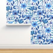 Blue Ultramarine  Watercolor Flowers, Leaves, Elegant Blue Bell flowers and berries,