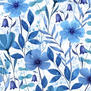 Blue Ultramarine  Watercolor Flowers, Leaves, Elegant Blue Bell flowers and berries,
