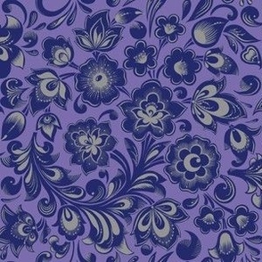 Floral Half-Drop Repeat Khokhloma Folk Style Small - Violet Grey