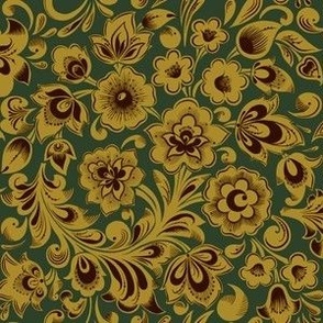 Floral Half-Drop Repeat Khokhloma Folk Style Small - Green Yellow