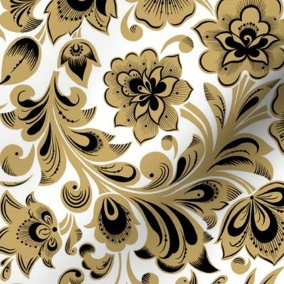 Floral Half-Drop Repeat Khokhloma Folk Style Middle - White Golden