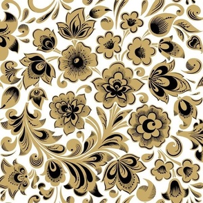 Floral Half-Drop Repeat Khokhloma Folk Style Middle - White Golden