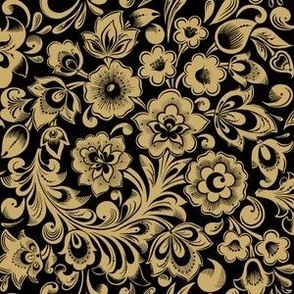 Floral Half-Drop Repeat Khokhloma Folk Style Small - Black Golden