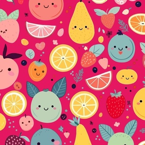 Kawaii Tropical Fruits on Bright Pink Large Size Wallpaper Comforter Quilt 