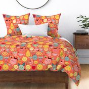 Kawaii Tropical Fruits on Tangerine Orange Large Size Wallpaper Comforter Quilt 