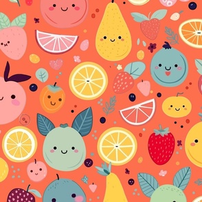 Kawaii Tropical Fruits on Tangerine Orange Large Size Wallpaper Comforter Quilt 