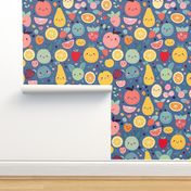 Kawaii Tropical Fruits on Classic Blue Small Scale Citrus Berry Tropical Bright