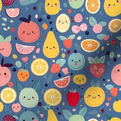 Kawaii Tropical Fruits on Classic Blue Small Scale Citrus Berry Tropical Bright