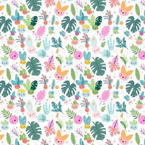Happy Face Kawaii Tropical Plants on White Small Colorful Botanical