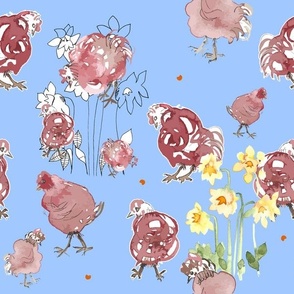 Happy Country Style Chickens And Daffodils - Watercolour Red On Blue.