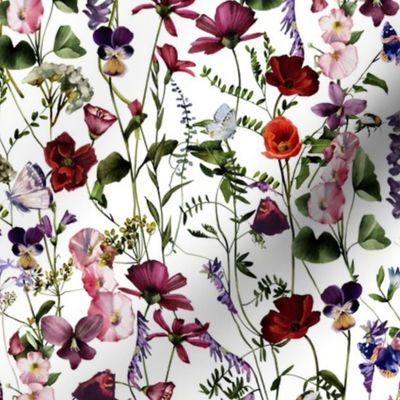 10" A beautiful cute dark red poppies and Wildflowers Meadow flower garden with wildflower and grasses and insects on white background-  for home decor Baby Girl  and nursery  fabric perfect for kidsroom wallpaper,kids room single layer
