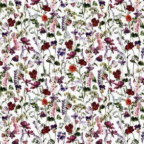10" A beautiful cute dark red poppies and Wildflowers Meadow flower garden with wildflower and grasses and insects on white background-  for home decor Baby Girl  and nursery  fabric perfect for kidsroom wallpaper,kids room single layer